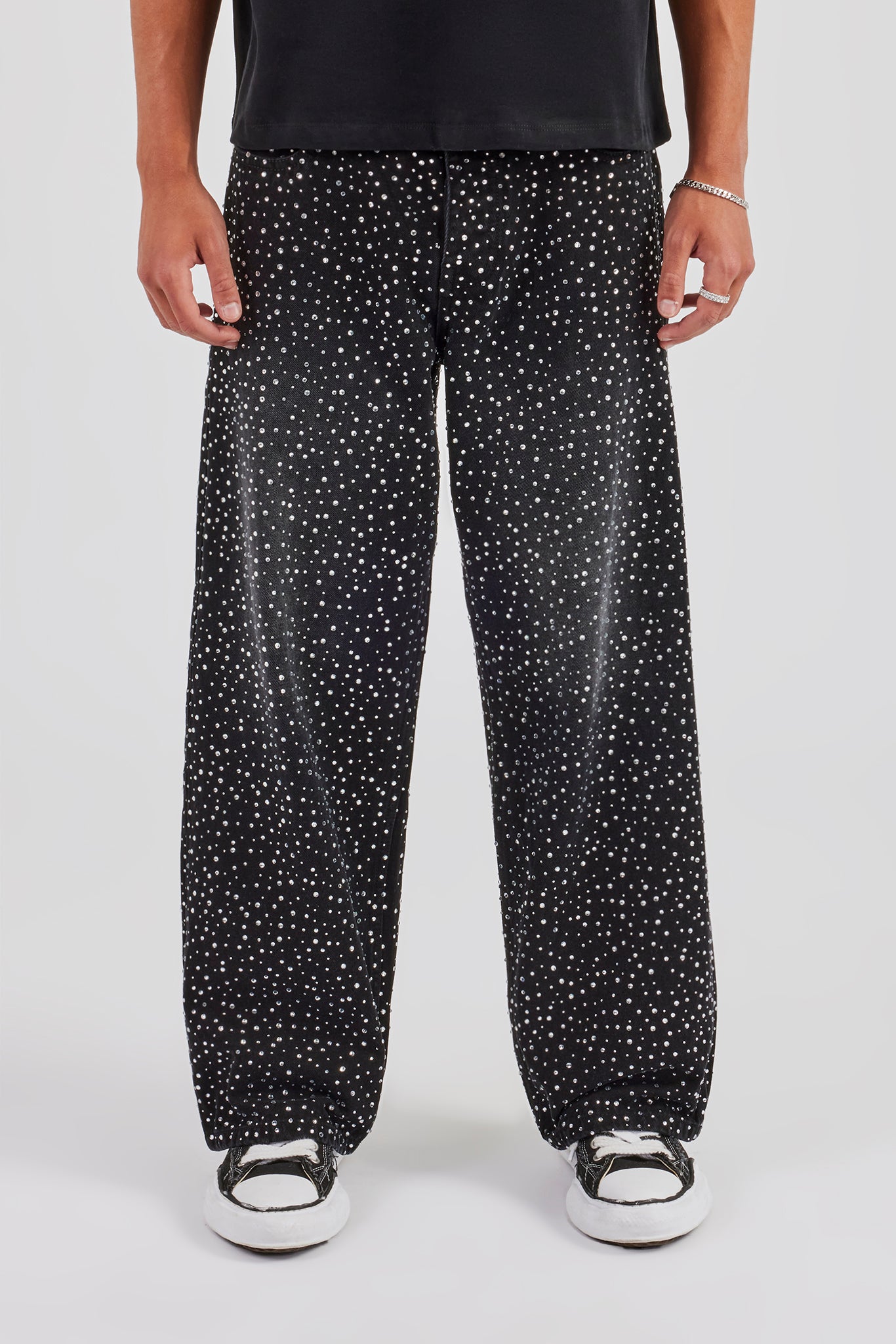 Baggy Fit Rhinestone Jeans - Washed Black